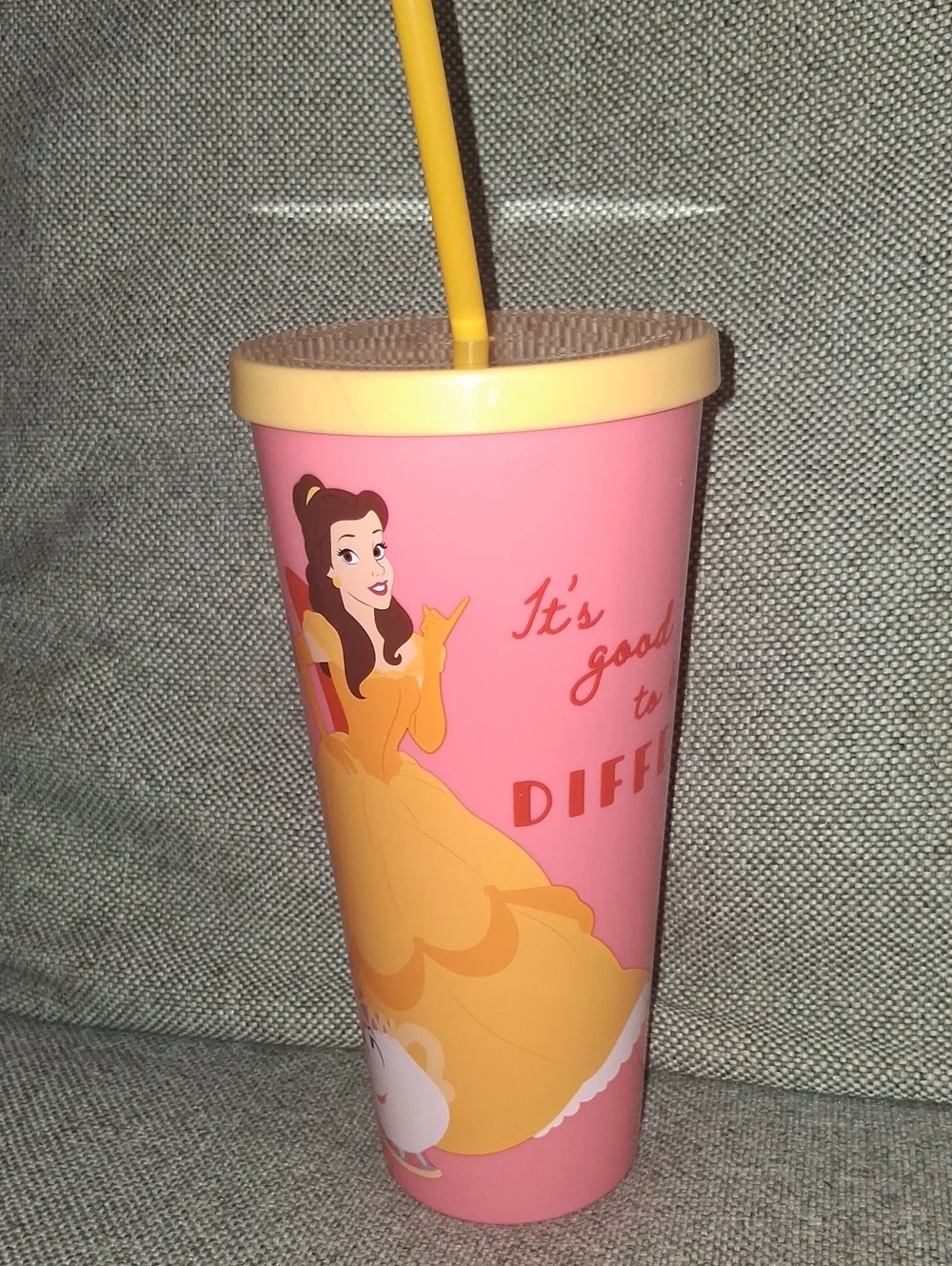 Disney Belle Pink Tumbler with Yellow Lid and Straw